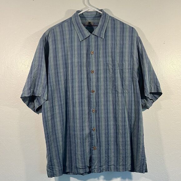 Tommy Bahama 100% Silk Shirt Size Medium Blue Teal Striped Pattern Button Up - Picture 1 of 11